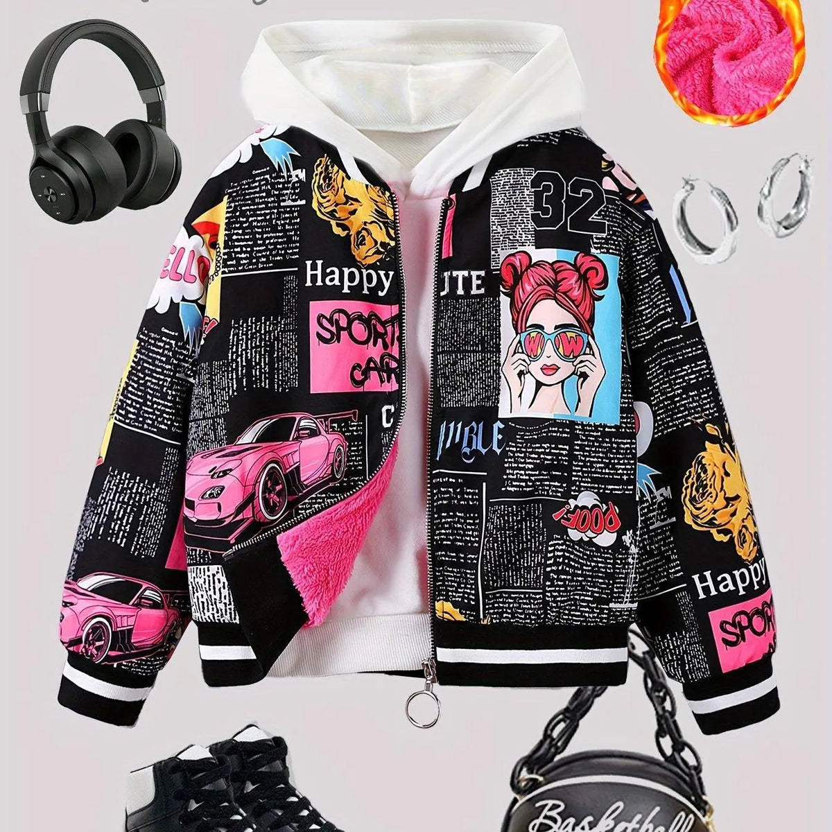 Girls' Cozy Fleece-Lined Pop Art Print Bomber Jacket - Casual Zip-Up Baseball Style Outerwear for Fall/Winter, Sizes 130-170 SS69