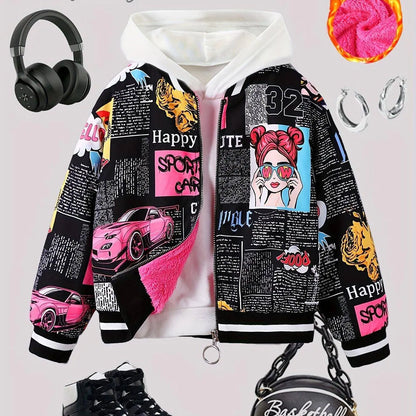 Girls' Cozy Fleece-Lined Pop Art Print Bomber Jacket - Casual Zip-Up Baseball Style Outerwear for Fall/Winter, Sizes 130-170 SS69