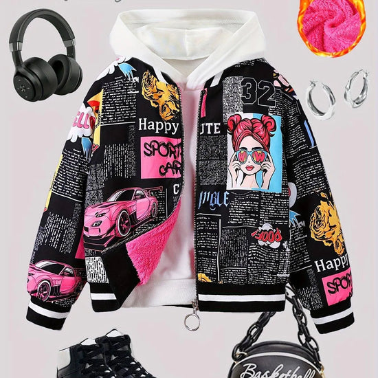 Girls' Cozy Fleece-Lined Pop Art Print Bomber Jacket - Casual Zip-Up Baseball Style Outerwear for Fall/Winter, Sizes 130-170 SS69