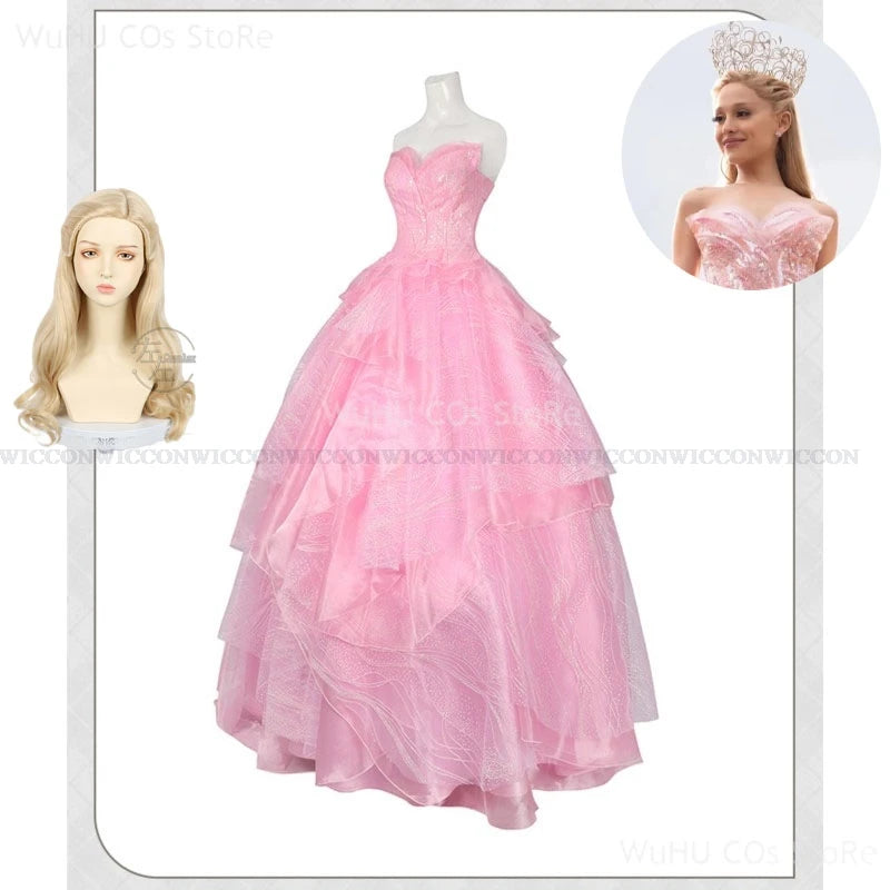 Glinda Wicked Cosplay Costume Disguise Adult Women Pink Dress Halo Roleplay Female Dresse Fantasy Outfit Halloween Carnival Suit SS69