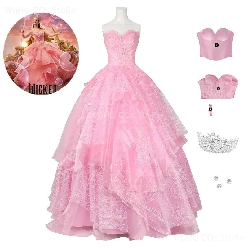 Glinda Wicked Cosplay Costume Disguise Adult Women Pink Dress Halo Roleplay Female Dresse Fantasy Outfit Halloween Carnival Suit SS69