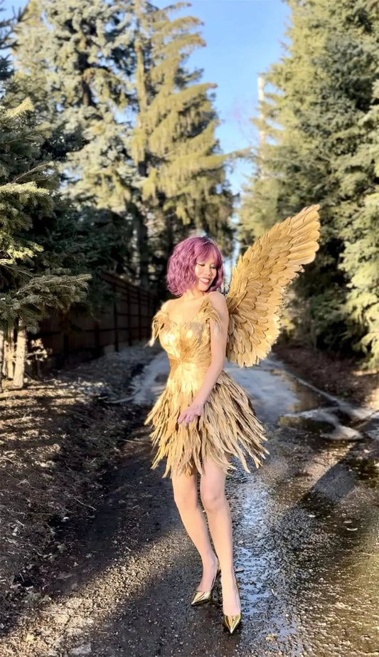 Gorgeous Gold Feather Fairy Wings Costume for a Luxurious Show Outfit at Carnivals and Festivals SS69