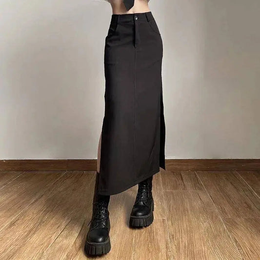 Goth Dark Elegant Mall Gothic Trumpet Women Midi Skirts Grunge High Waist Split Sexy Club Long Skirt Slim Party Streetwear - SS69