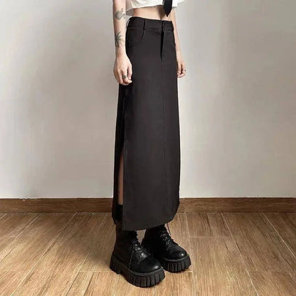 Goth Dark Elegant Mall Gothic Trumpet Women Midi Skirts Grunge High Waist Split Sexy Club Long Skirt Slim Party Streetwear - SS69