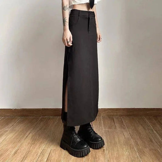 Goth Dark Elegant Mall Gothic Trumpet Women Midi Skirts Grunge High Waist Split Sexy Club Long Skirt Slim Party Streetwear - SS69