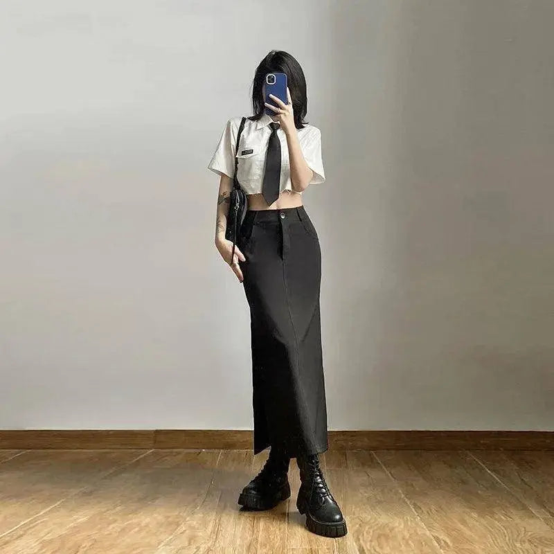 Goth Dark Elegant Mall Gothic Trumpet Women Midi Skirts Grunge High Waist Split Sexy Club Long Skirt Slim Party Streetwear - SS69