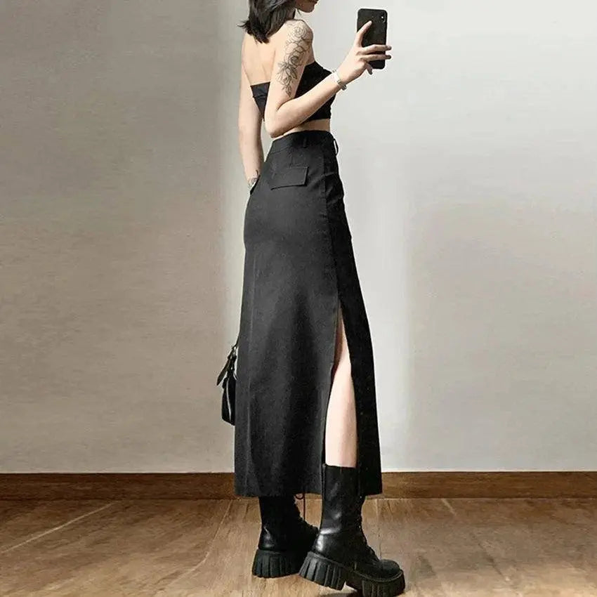 Goth Dark Elegant Mall Gothic Trumpet Women Midi Skirts Grunge High Waist Split Sexy Club Long Skirt Slim Party Streetwear - SS69