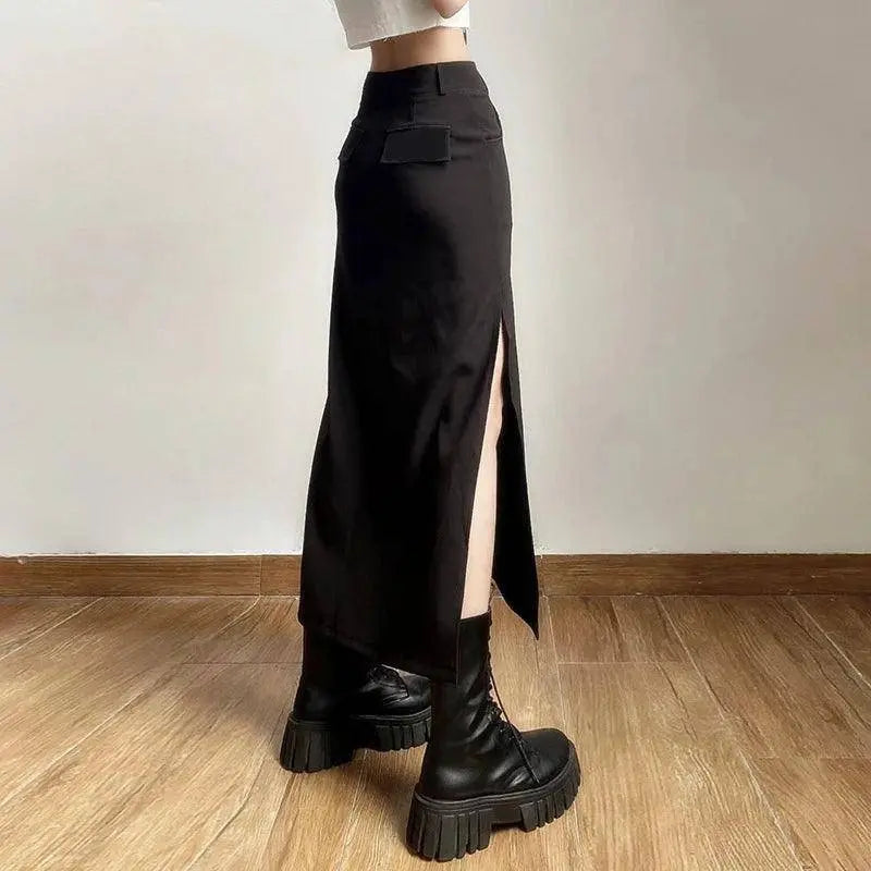 Goth Dark Elegant Mall Gothic Trumpet Women Midi Skirts Grunge High Waist Split Sexy Club Long Skirt Slim Party Streetwear - SS69