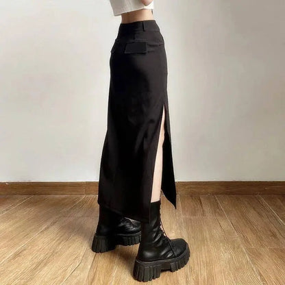 Goth Dark Elegant Mall Gothic Trumpet Women Midi Skirts Grunge High Waist Split Sexy Club Long Skirt Slim Party Streetwear - SS69