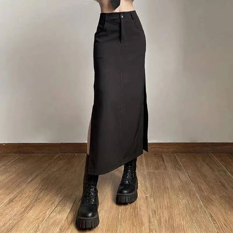 Goth Dark Elegant Mall Gothic Trumpet Women Midi Skirts Grunge High Waist Split Sexy Club Long Skirt Slim Party Streetwear - SS69