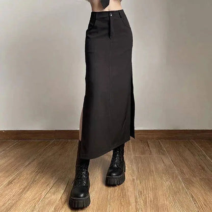 Goth Dark Elegant Mall Gothic Trumpet Women Midi Skirts Grunge High Waist Split Sexy Club Long Skirt Slim Party Streetwear - SS69
