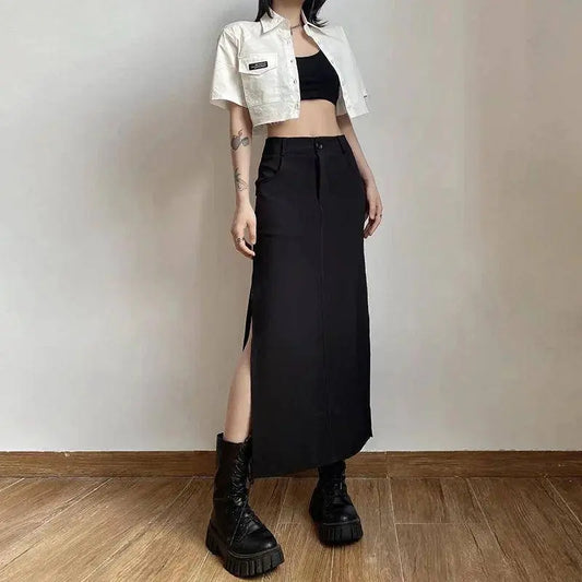 Goth Dark Elegant Mall Gothic Trumpet Women Midi Skirts Grunge High Waist Split Sexy Club Long Skirt Slim Party Streetwear - SS69