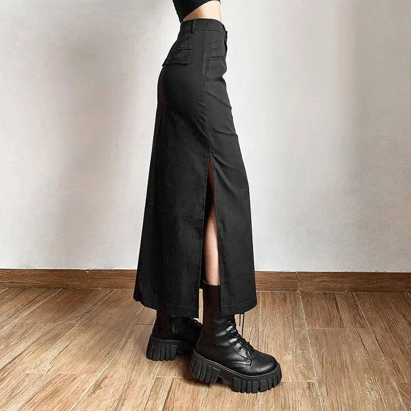 Goth Dark Elegant Mall Gothic Trumpet Women Midi Skirts Grunge High Waist Split Sexy Club Long Skirt Slim Party Streetwear - SS69