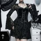 Goth Dark Elegant Vintage Mall Gothic Velvet Dresses Grunge Punk Style Flocked Bandage Dress Women Flare Sleeve Party Alt Outfit SS69