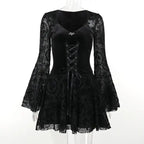 Goth Dark Elegant Vintage Mall Gothic Velvet Dresses Grunge Punk Style Flocked Bandage Dress Women Flare Sleeve Party Alt Outfit - SS69