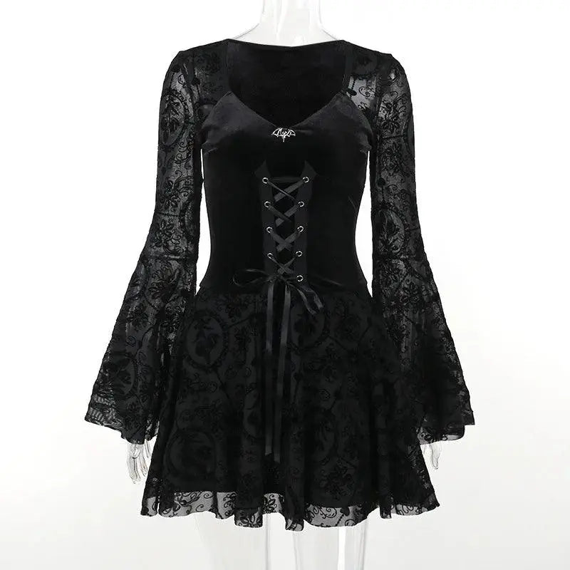 Goth Dark Elegant Vintage Mall Gothic Velvet Dresses Grunge Punk Style Flocked Bandage Dress Women Flare Sleeve Party Alt Outfit - SS69