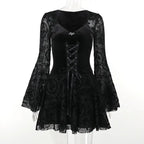 Goth Dark Elegant Vintage Mall Gothic Velvet Dresses Grunge Punk Style Flocked Bandage Dress Women Flare Sleeve Party Alt Outfit SS69