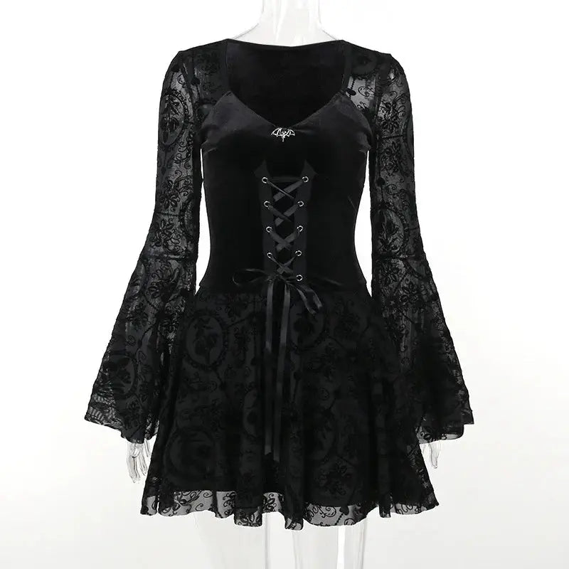 Goth Dark Elegant Vintage Mall Gothic Velvet Dresses Grunge Punk Style Flocked Bandage Dress Women Flare Sleeve Party Alt Outfit SS69