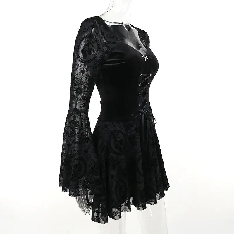 Goth Dark Elegant Vintage Mall Gothic Velvet Dresses Grunge Punk Style Flocked Bandage Dress Women Flare Sleeve Party Alt Outfit SS69