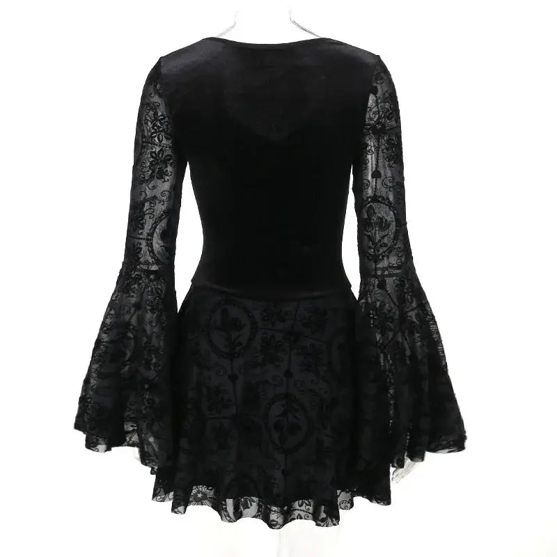Goth Dark Elegant Vintage Mall Gothic Velvet Dresses Grunge Punk Style Flocked Bandage Dress Women Flare Sleeve Party Alt Outfit SS69
