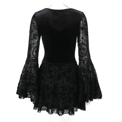 Goth Dark Elegant Vintage Mall Gothic Velvet Dresses Grunge Punk Style Flocked Bandage Dress Women Flare Sleeve Party Alt Outfit SS69