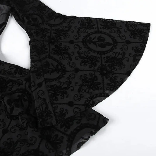 Goth Dark Elegant Vintage Mall Gothic Velvet Dresses Grunge Punk Style Flocked Bandage Dress Women Flare Sleeve Party Alt Outfit SS69