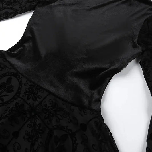 Goth Dark Elegant Vintage Mall Gothic Velvet Dresses Grunge Punk Style Flocked Bandage Dress Women Flare Sleeve Party Alt Outfit SS69