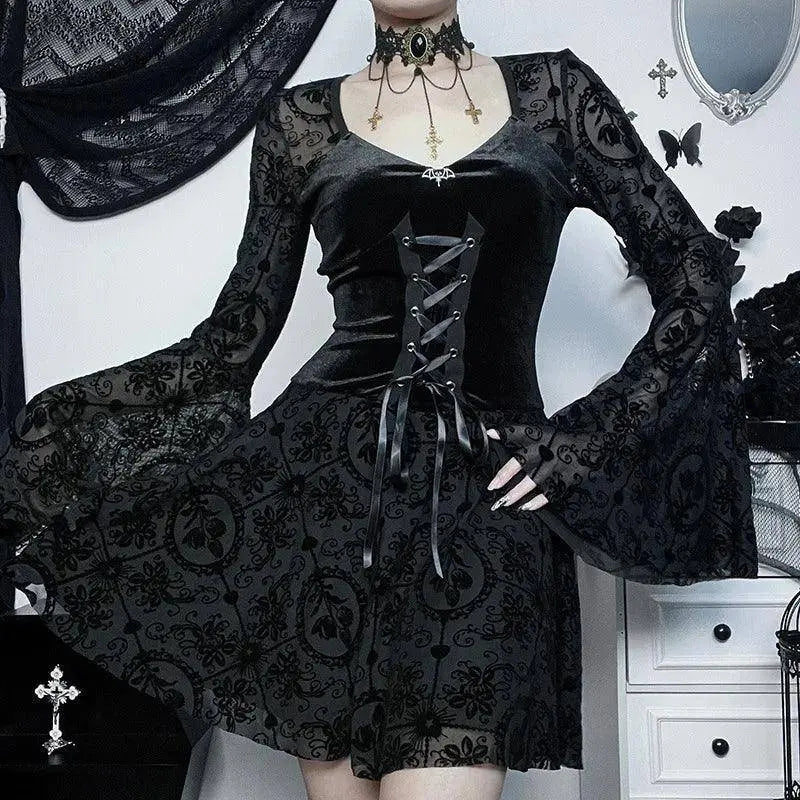 Goth Dark Elegant Vintage Mall Gothic Velvet Dresses Grunge Punk Style Flocked Bandage Dress Women Flare Sleeve Party Alt Outfit SS69
