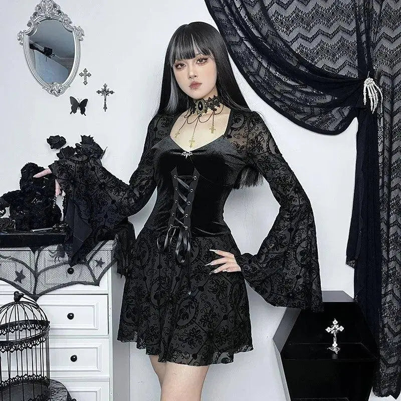 Goth Dark Elegant Vintage Mall Gothic Velvet Dresses Grunge Punk Style Flocked Bandage Dress Women Flare Sleeve Party Alt Outfit SS69