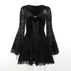 Goth Dark Elegant Vintage Mall Gothic Velvet Dresses Grunge Punk Style Flocked Bandage Dress Women Flare Sleeve Party Alt Outfit SS69