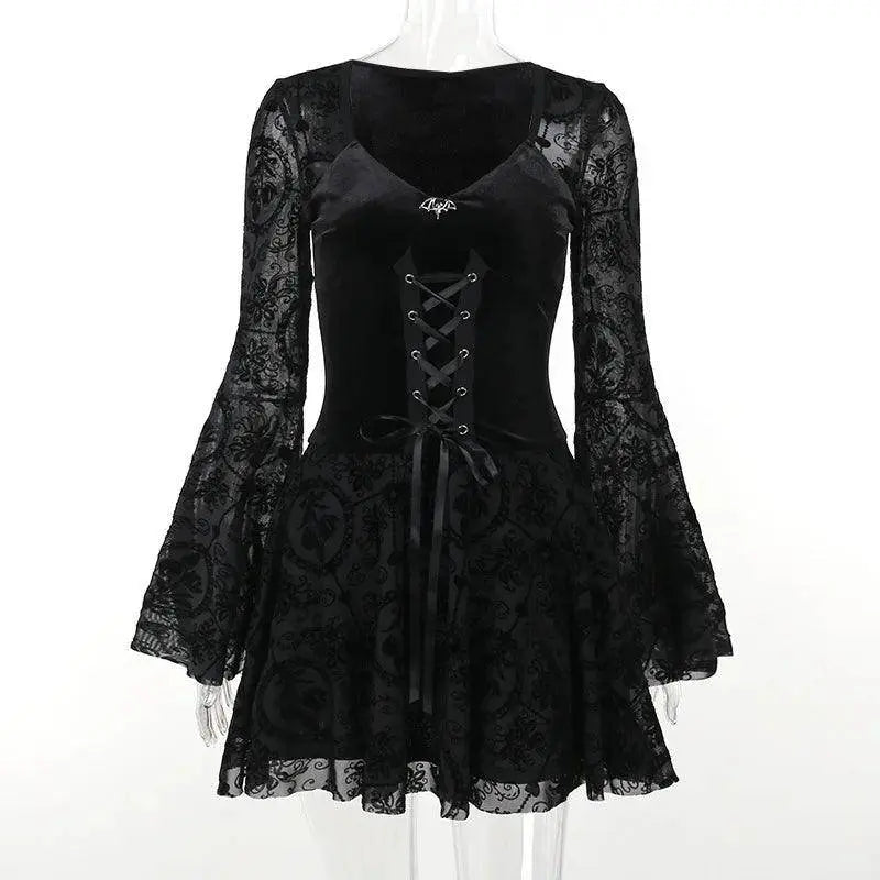 Goth Dark Elegant Vintage Mall Gothic Velvet Dresses Grunge Punk Style Flocked Bandage Dress Women Flare Sleeve Party Alt Outfit SS69