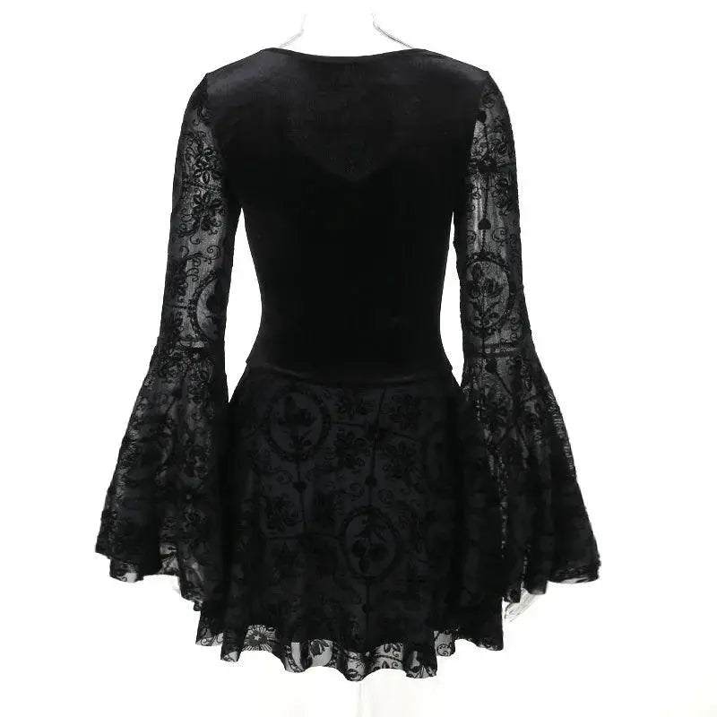 Goth Dark Elegant Vintage Mall Gothic Velvet Dresses Grunge Punk Style Flocked Bandage Dress Women Flare Sleeve Party Alt Outfit SS69