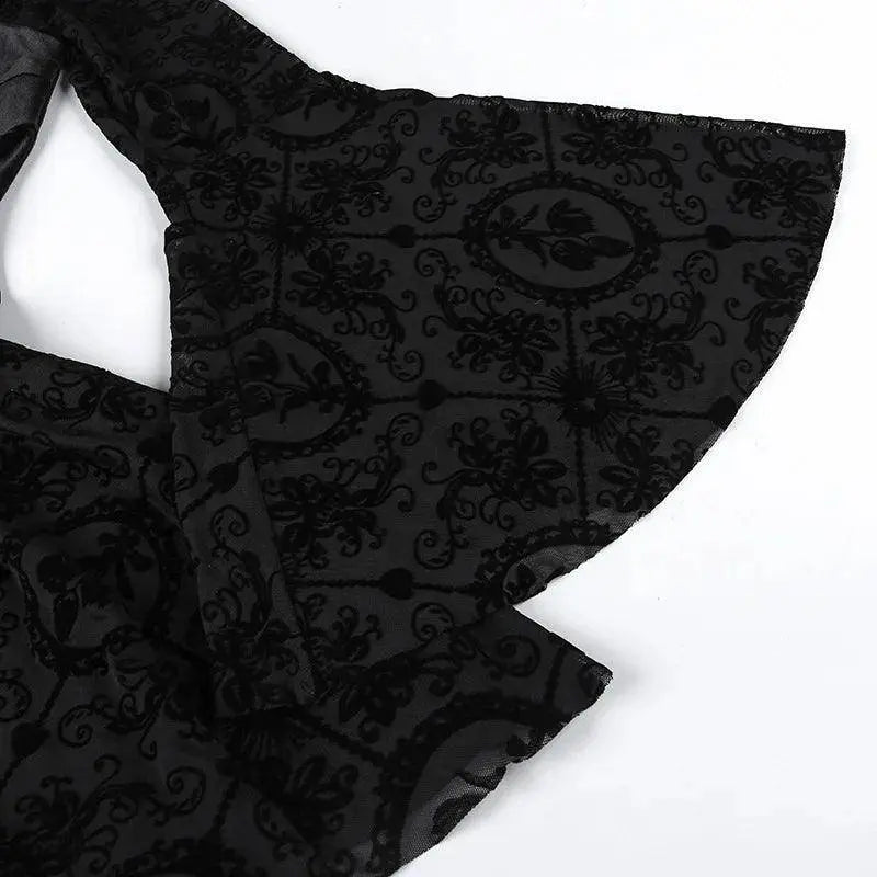 Goth Dark Elegant Vintage Mall Gothic Velvet Dresses Grunge Punk Style Flocked Bandage Dress Women Flare Sleeve Party Alt Outfit SS69