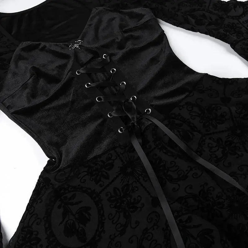 Goth Dark Elegant Vintage Mall Gothic Velvet Dresses Grunge Punk Style Flocked Bandage Dress Women Flare Sleeve Party Alt Outfit SS69