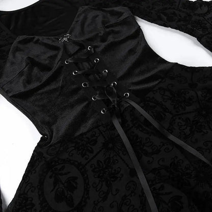 Goth Dark Elegant Vintage Mall Gothic Velvet Dresses Grunge Punk Style Flocked Bandage Dress Women Flare Sleeve Party Alt Outfit SS69