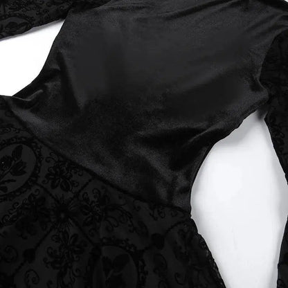 Goth Dark Elegant Vintage Mall Gothic Velvet Dresses Grunge Punk Style Flocked Bandage Dress Women Flare Sleeve Party Alt Outfit SS69