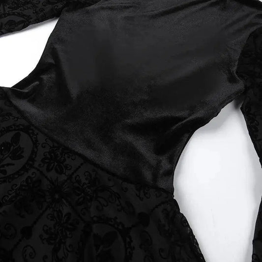 Goth Dark Elegant Vintage Mall Gothic Velvet Dresses Grunge Punk Style Flocked Bandage Dress Women Flare Sleeve Party Alt Outfit SS69