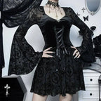 Goth Dark Elegant Vintage Mall Gothic Velvet Dresses Grunge Punk Style Flocked Bandage Dress Women Flare Sleeve Party Alt Outfit SS69
