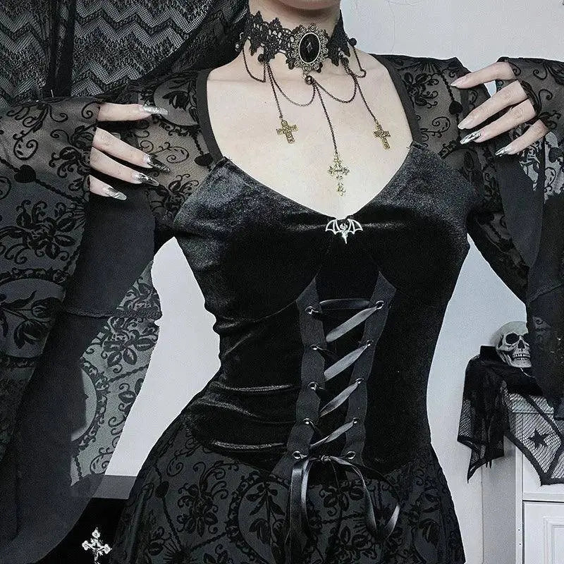 Goth Dark Elegant Vintage Mall Gothic Velvet Dresses Grunge Punk Style Flocked Bandage Dress Women Flare Sleeve Party Alt Outfit SS69