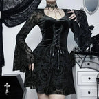 Goth Dark Elegant Vintage Mall Gothic Velvet Dresses Grunge Punk Style Flocked Bandage Dress Women Flare Sleeve Party Alt Outfit SS69