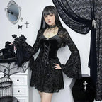 Goth Dark Elegant Vintage Mall Gothic Velvet Dresses Grunge Punk Style Flocked Bandage Dress Women Flare Sleeve Party Alt Outfit SS69