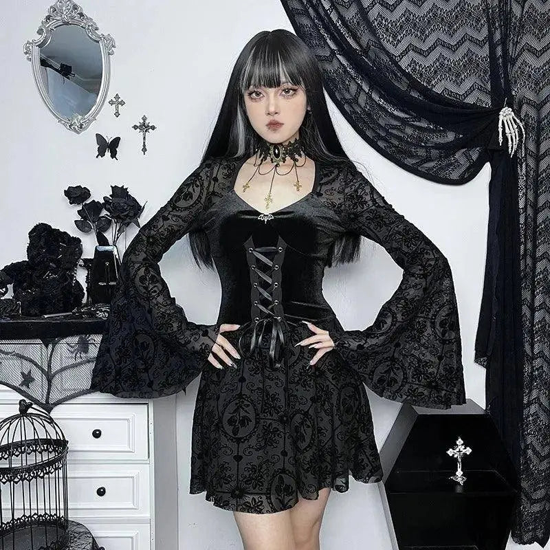 Goth Dark Elegant Vintage Mall Gothic Velvet Dresses Grunge Punk Style Flocked Bandage Dress Women Flare Sleeve Party Alt Outfit SS69