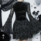 Goth Dark Elegant Vintage Mall Gothic Velvet Dresses Grunge Punk Style Flocked Bandage Dress Women Flare Sleeve Party Alt Outfit SS69