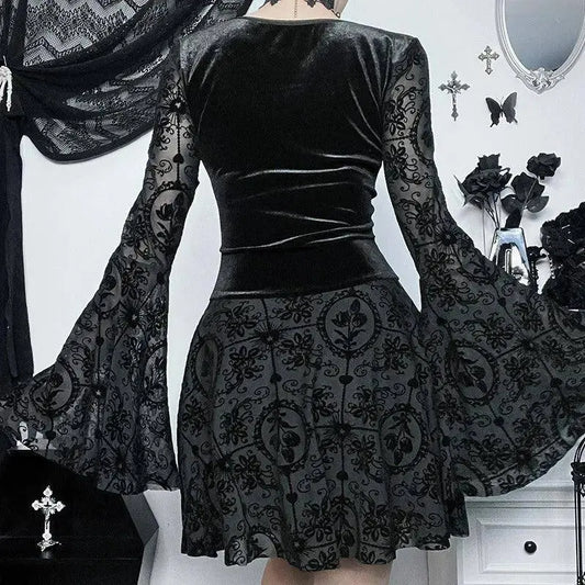 Goth Dark Elegant Vintage Mall Gothic Velvet Dresses Grunge Punk Style Flocked Bandage Dress Women Flare Sleeve Party Alt Outfit SS69