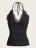 Goth Grunge Punk Black Lace Patchwork Halter Top Y2K - SS69
