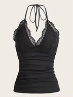 Goth Grunge Punk Black Lace Patchwork Halter Top Y2K - SS69