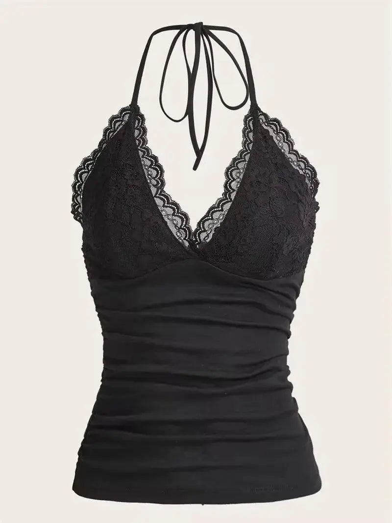 Goth Grunge Punk Black Lace Patchwork Halter Top Y2K - SS69