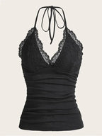 Goth Grunge Punk Black Lace Patchwork Halter Top Y2K - SS69