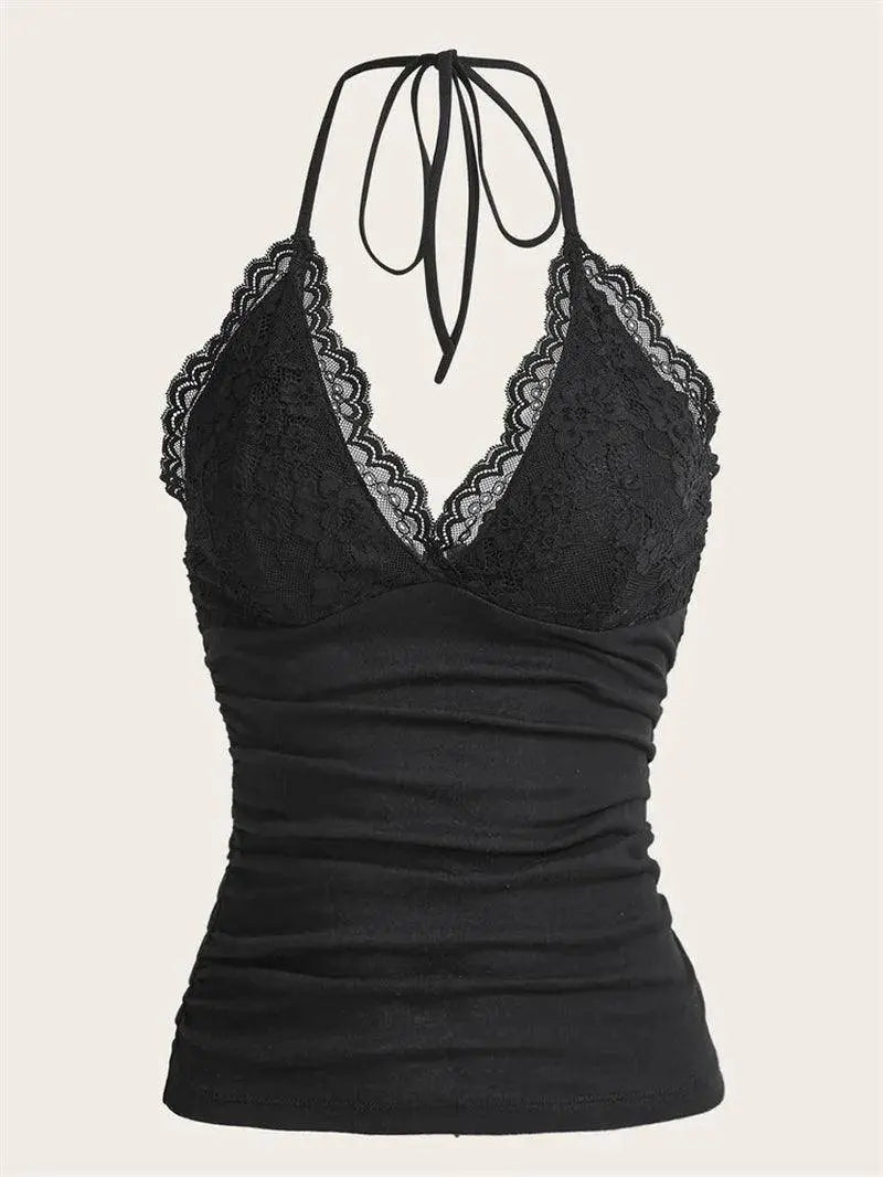 Goth Grunge Punk Black Lace Patchwork Halter Top Y2K - SS69