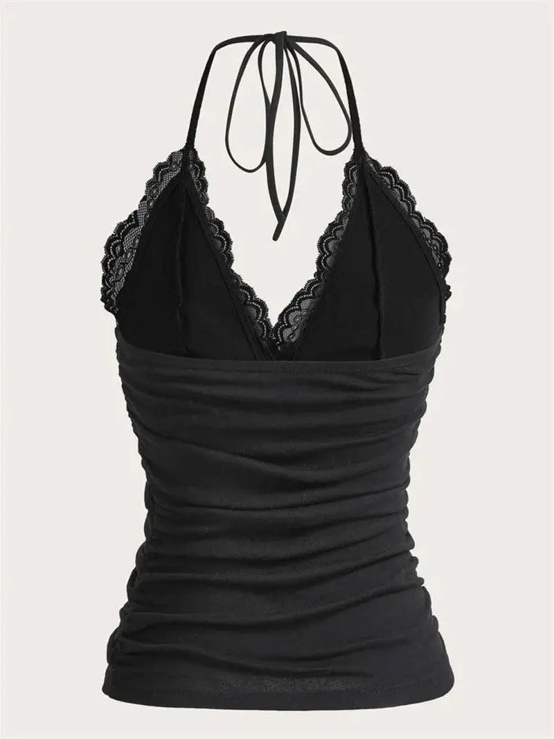 Goth Grunge Punk Black Lace Patchwork Halter Top Y2K - SS69